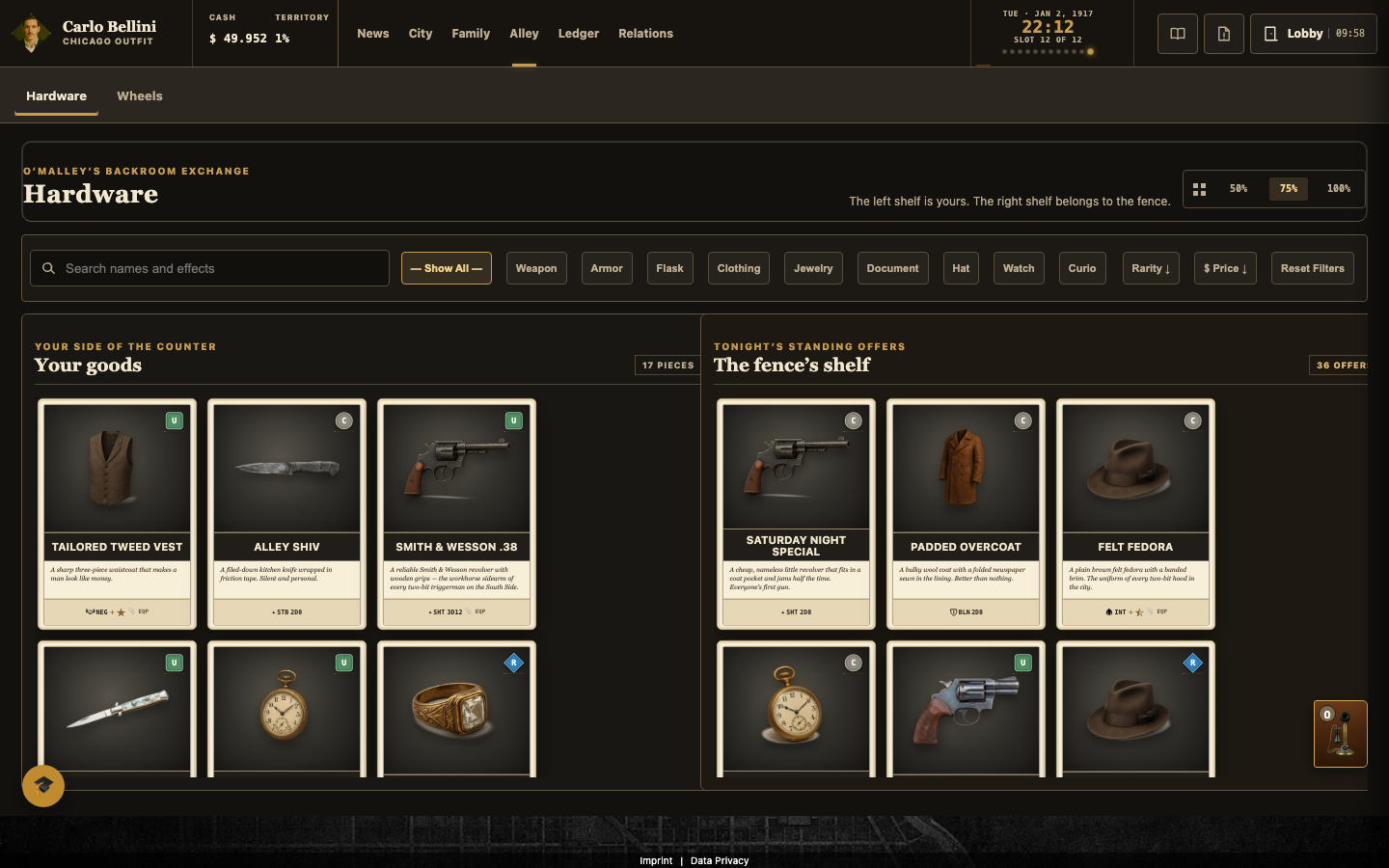 The Alley market with individual weapons and equipment on offer, without kits.