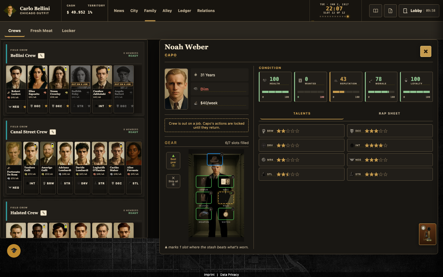 Proposed crew layout with several teams beside an equipped member, using real game characters and gear.