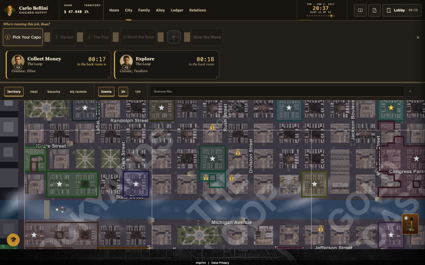 The strategic Chicago city map with rival territory, crews, and running operations.