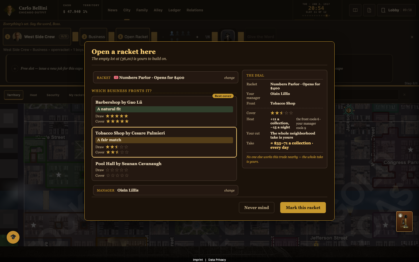 An open racket dossier showing front choices, a manager, and stealth values.