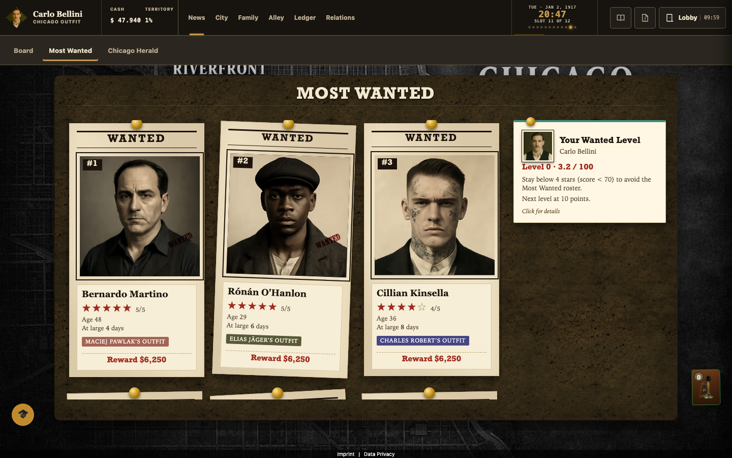 Chicago’s populated Most Wanted board, showing portraits and rewards.